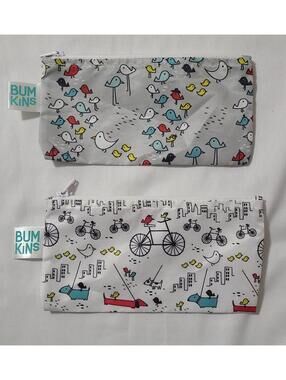 2pk Bumkins Reusable Snack Bag Set Waterproof Zip Pouch Birds Bikes Eco-Friendly
